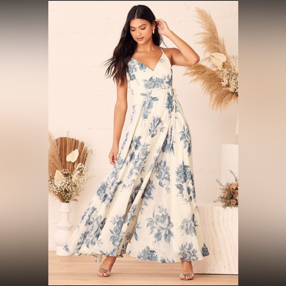 Cream and blue floral print wrap maxi dress